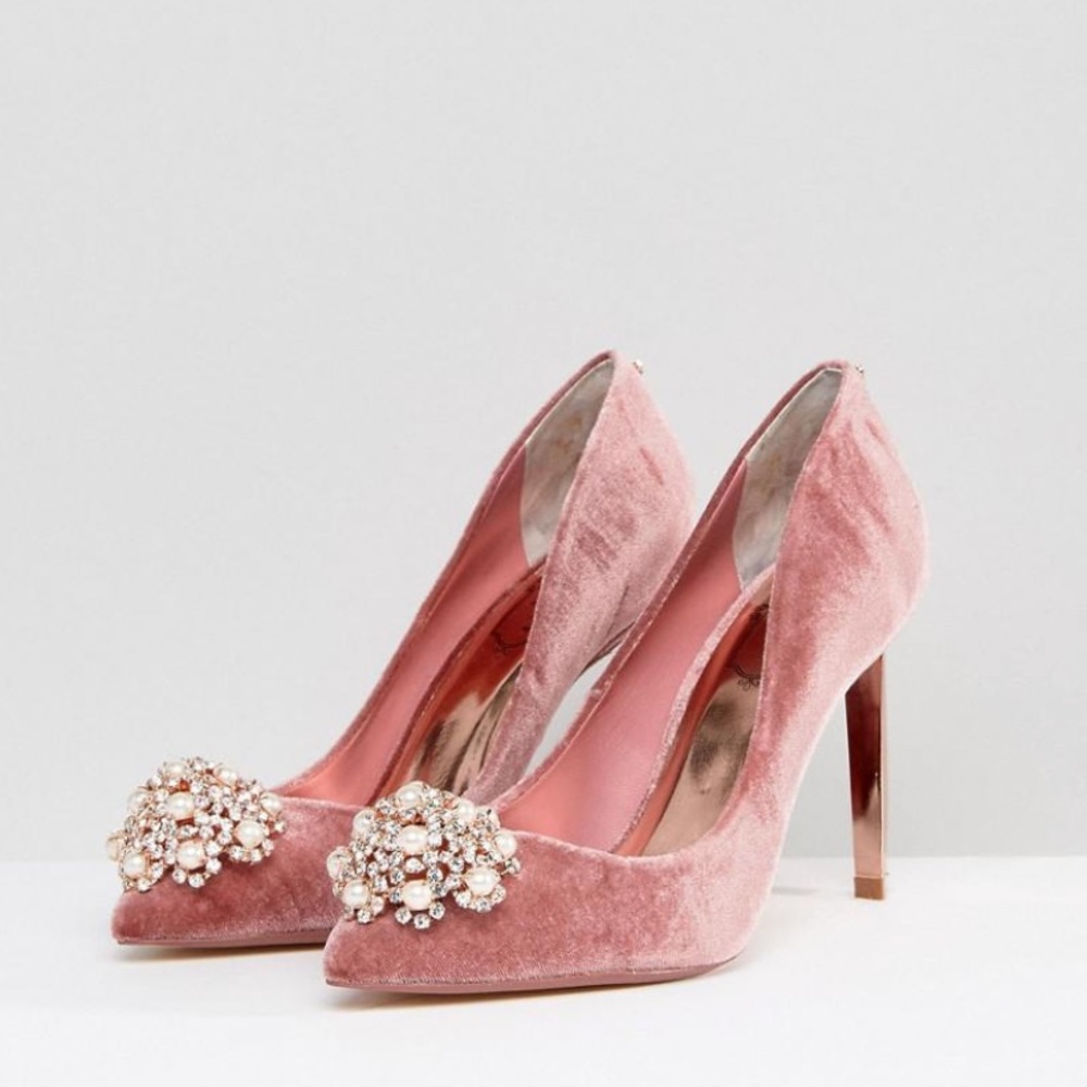 Ted Baker Pink Velvet Embellished Heeled Cour Heels
